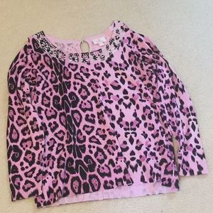 Leopard print sweater with bedazzled scoop neck